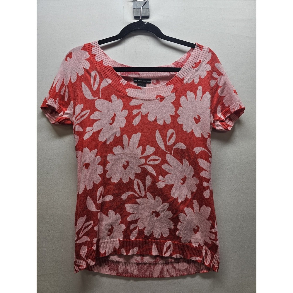 VTG Y2K Floral Short Sleeve Knit Sweater Top Pink Red Preppy Downtown Retro
